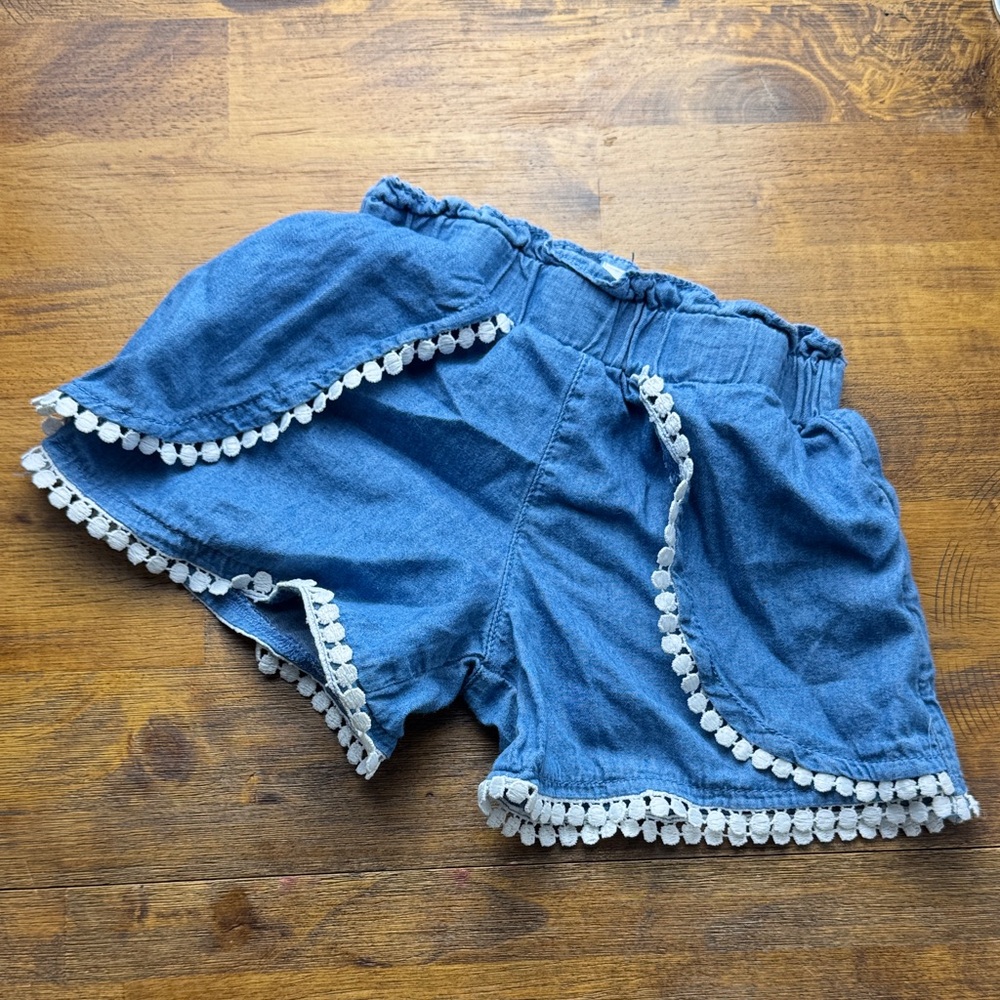 Charming Kids Denim Shorts with White Pom-Pom Trim